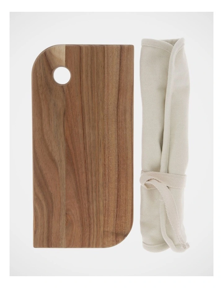 New π Vue 30x15cm Acacia Cheese Board & Knife Set With Canvas Wrap Natural β